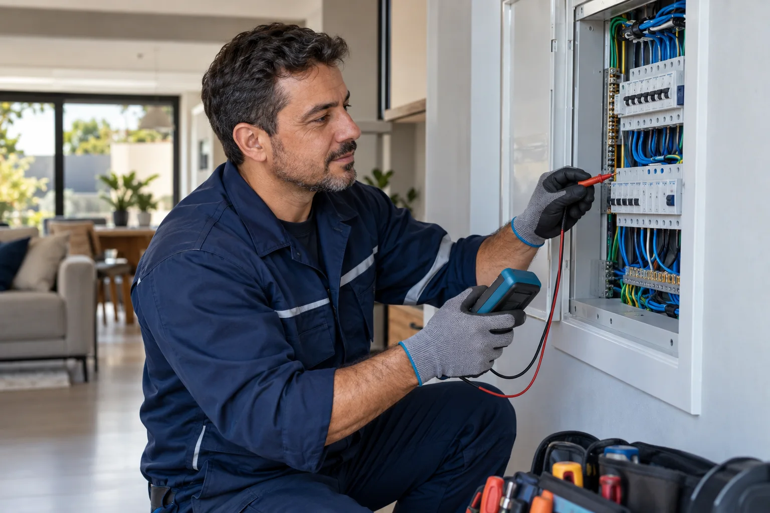 Técnico inspecionando um quadro elétrico em uma residência.